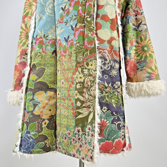 NWOT Johnny Was Sherpa Fur & Faux Suede Floral Coat Jacket Zipper Pockets Size L - Picture 4 of 13